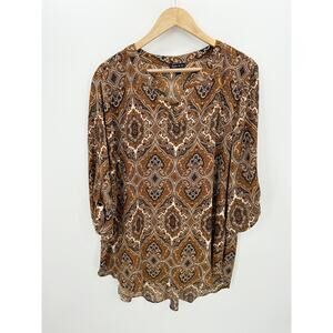 Sami & Jo Blouse Women XL Brown Printed Sheer Roll Tab Light V-Neck Peasant Boho